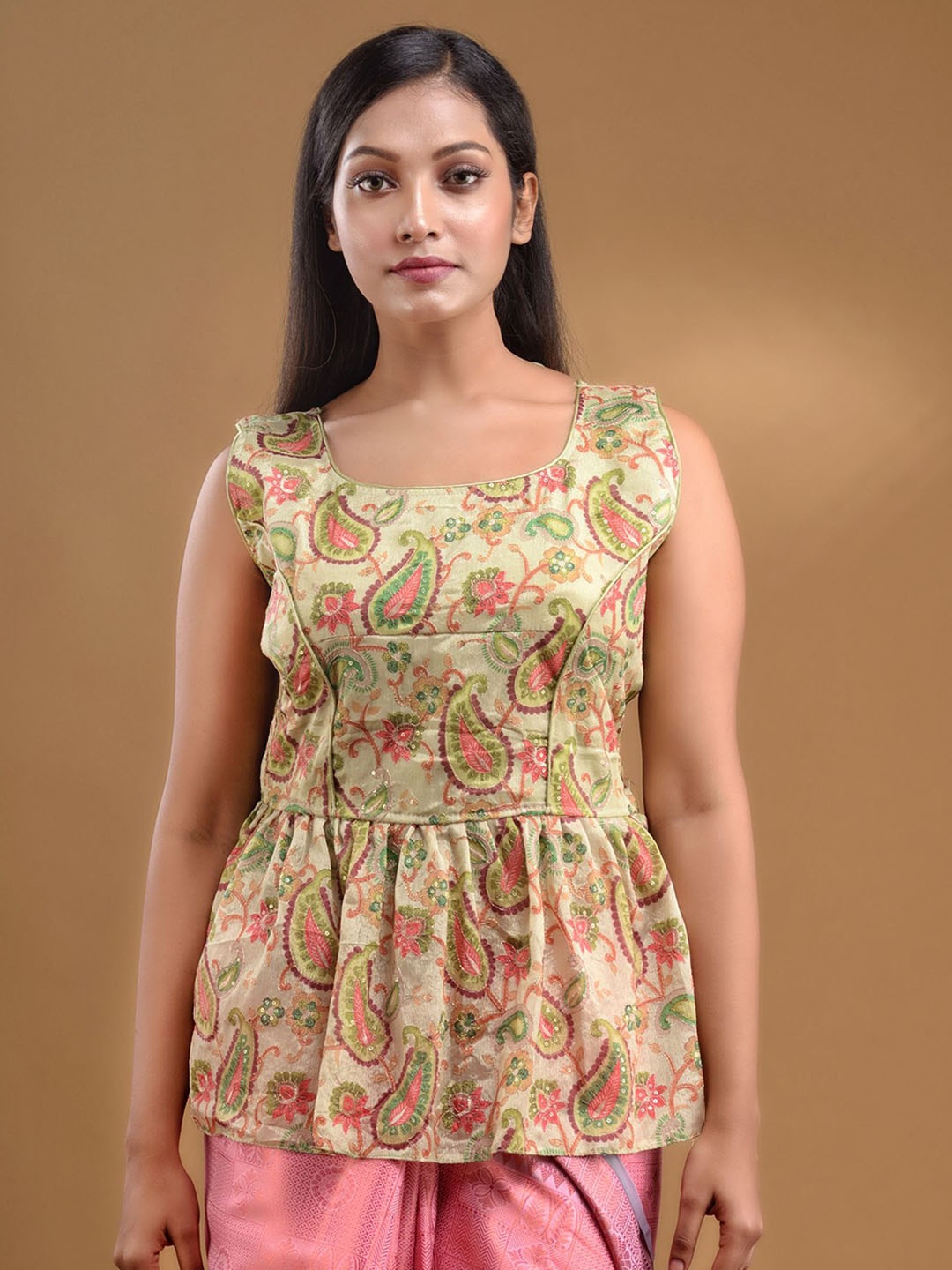 

Charukriti Embroidered Georgette Longline Peplum Saree Blouse, Lime green