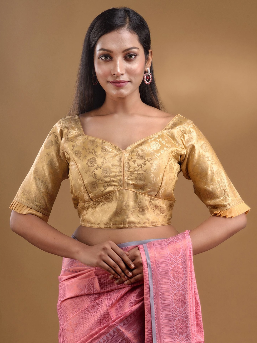 

Charukriti Printed Sweetheart Neck Saree Blouse, Beige