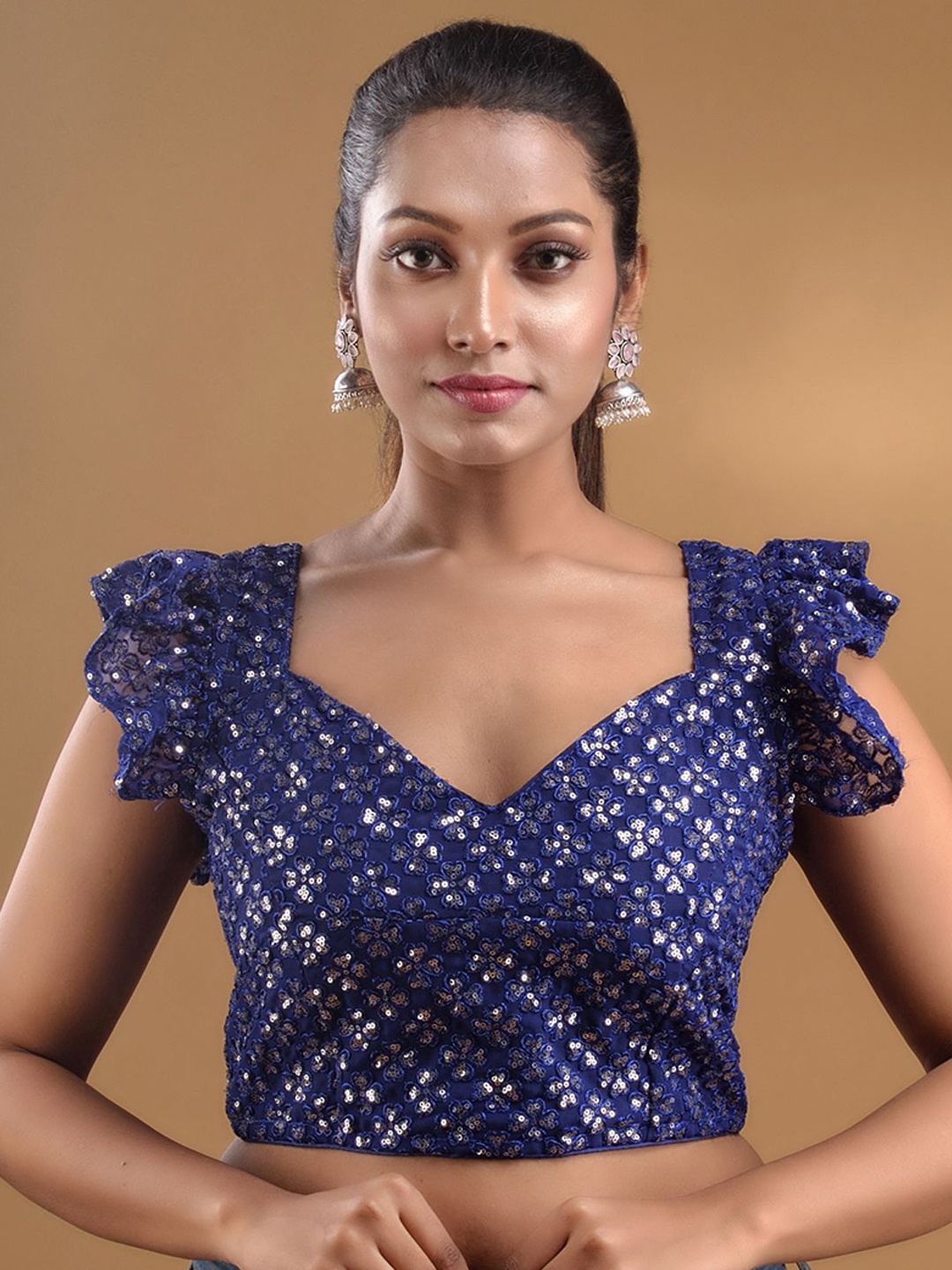 

Charukriti Embellished Ruffled Georgette Saree Blouse, Blue