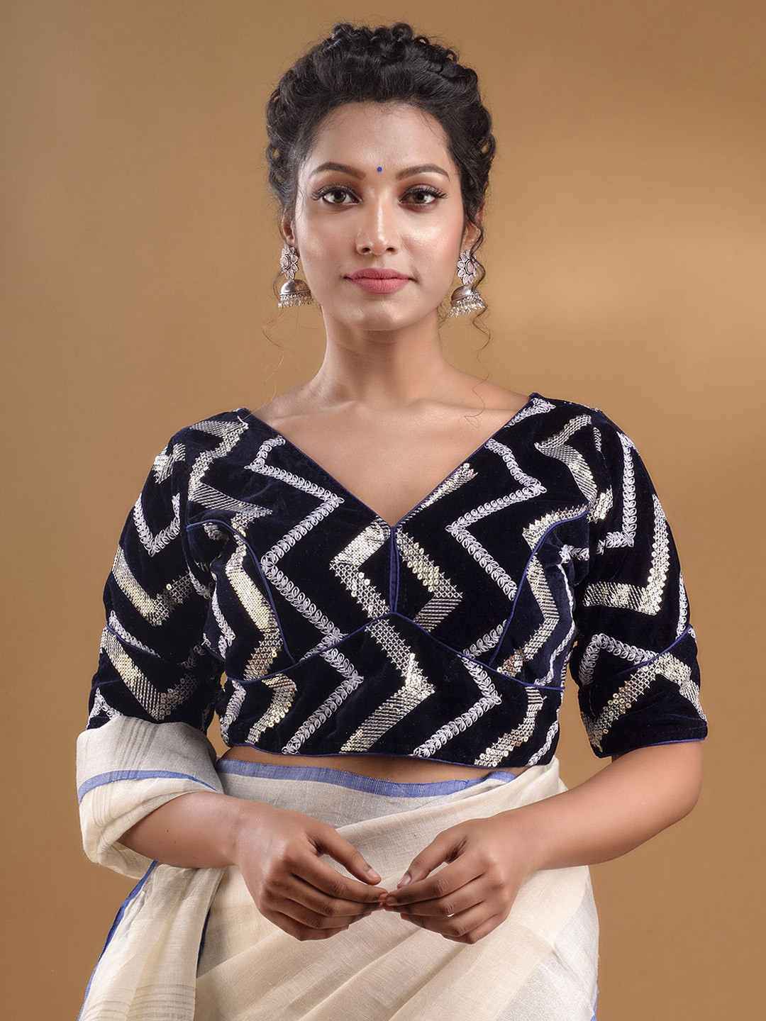 

Charukriti Embroidered Velvet Saree Blouse, Navy blue