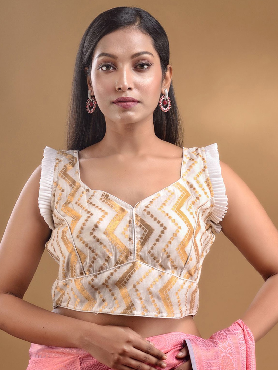 

Charukriti Chevron Woven Design Saree Blouse, Off white