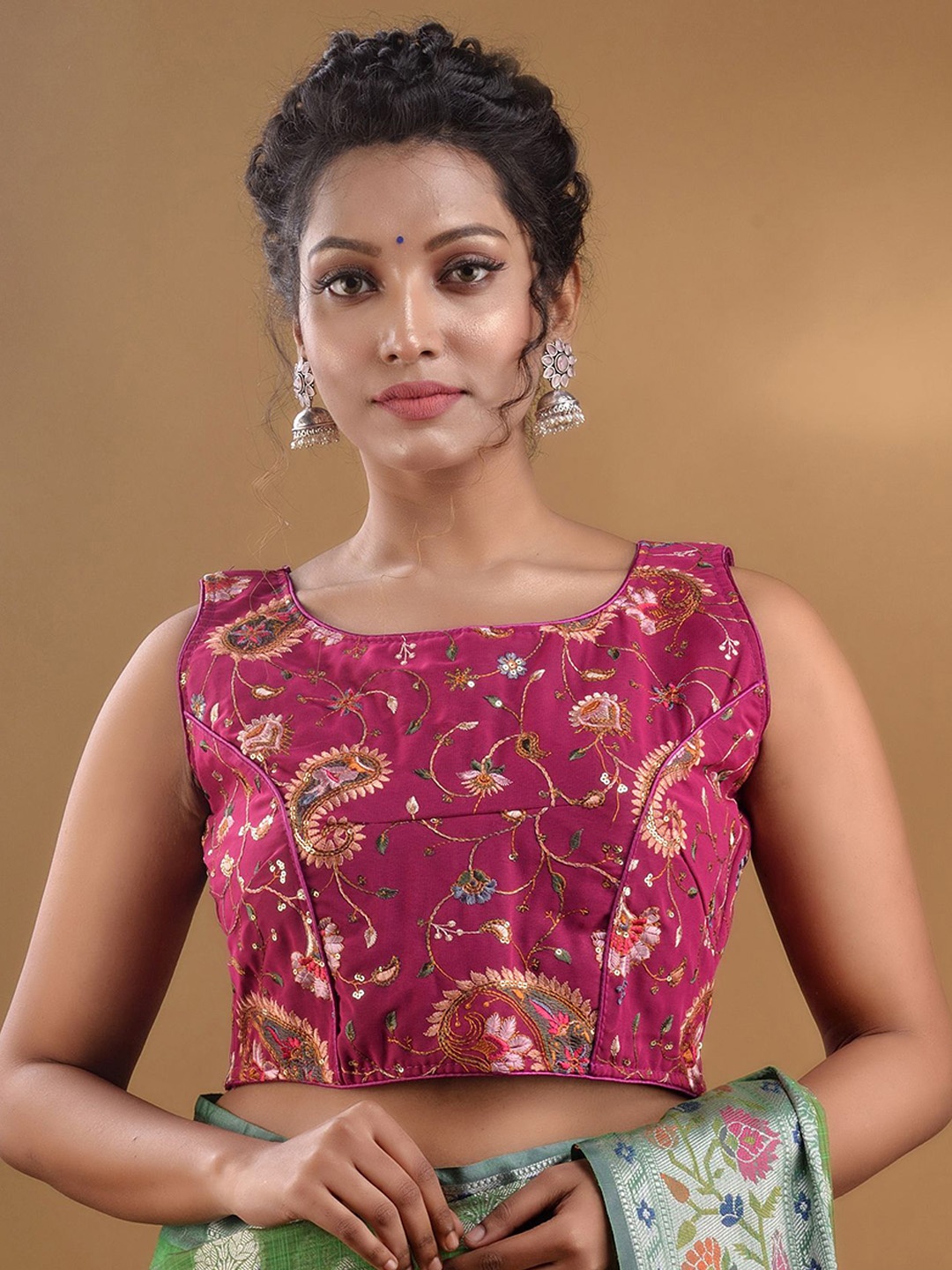 

Charukriti Floral & Paisley Embroidered Georgette Saree Blouse, Magenta