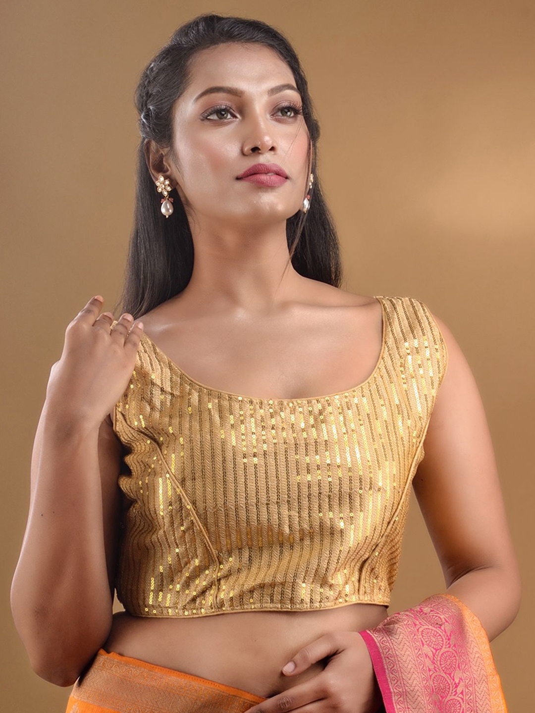 

Charukriti Sequinned Silk Saree Blouse, Gold