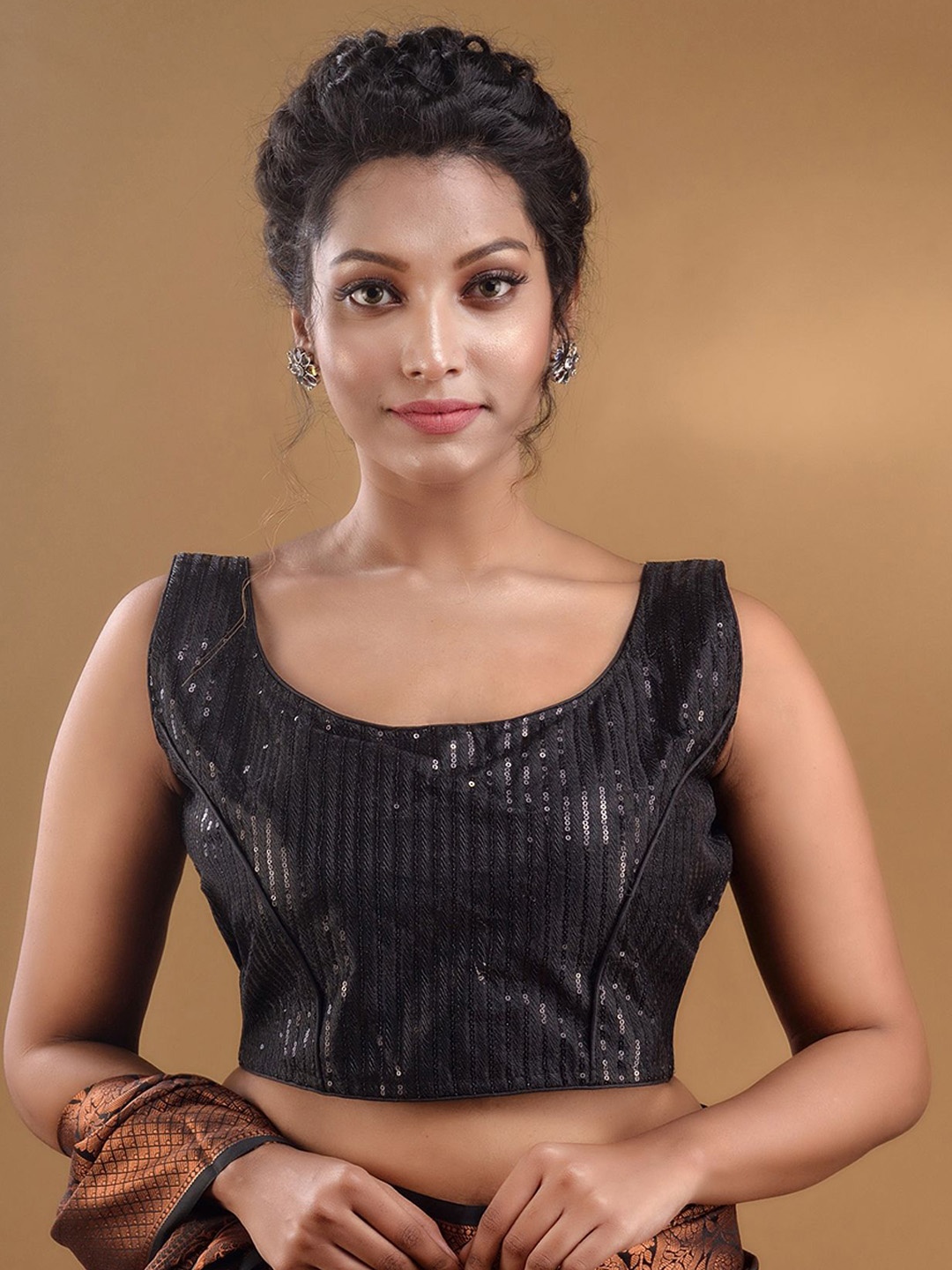 

Charukriti Sequinned Silk Saree Blouse, Black