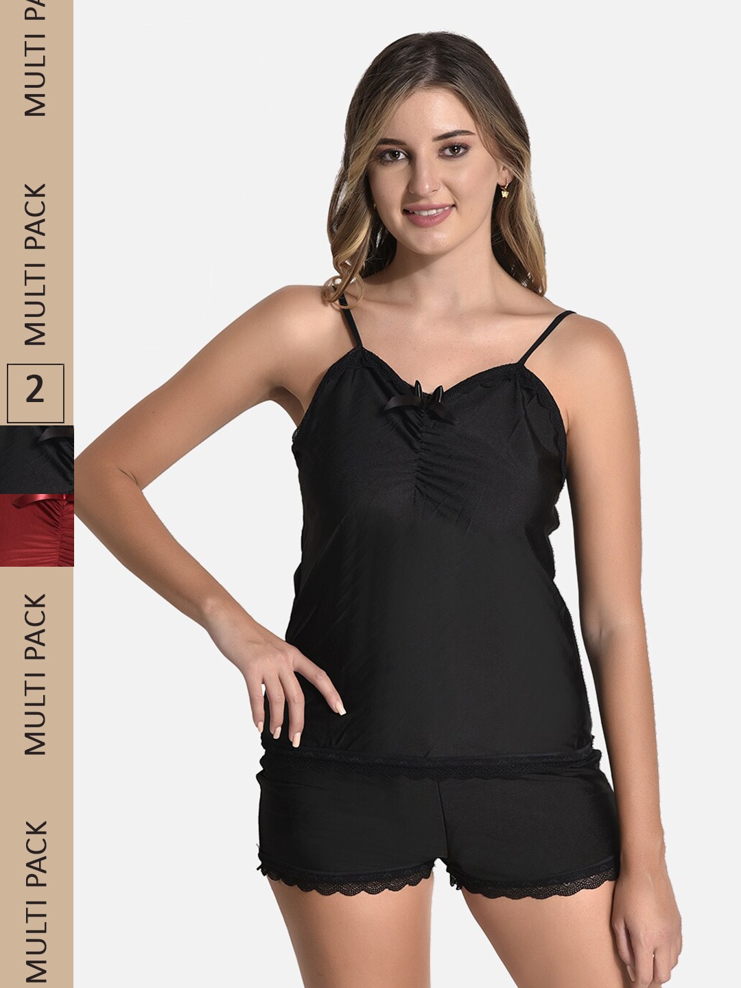 

StyFun Women Pack Of 2 Shoulder Straps Night Suit, Black