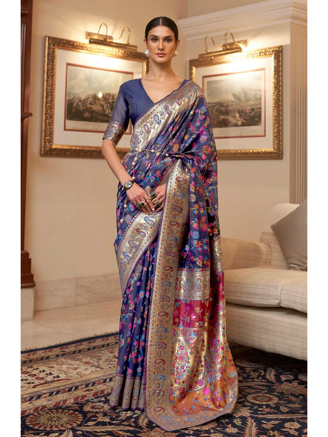

Ekta Textiles Floral Zari Banarasi Saree, Blue