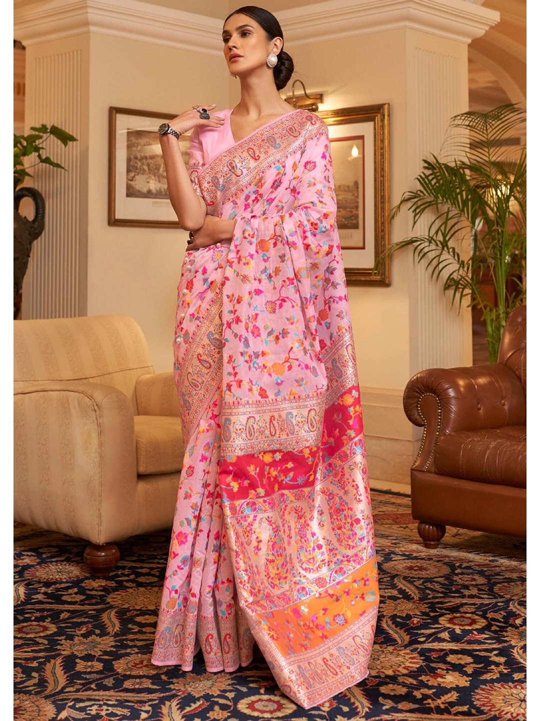 

Ekta Textiles Floral Zari Banarasi Saree, Pink