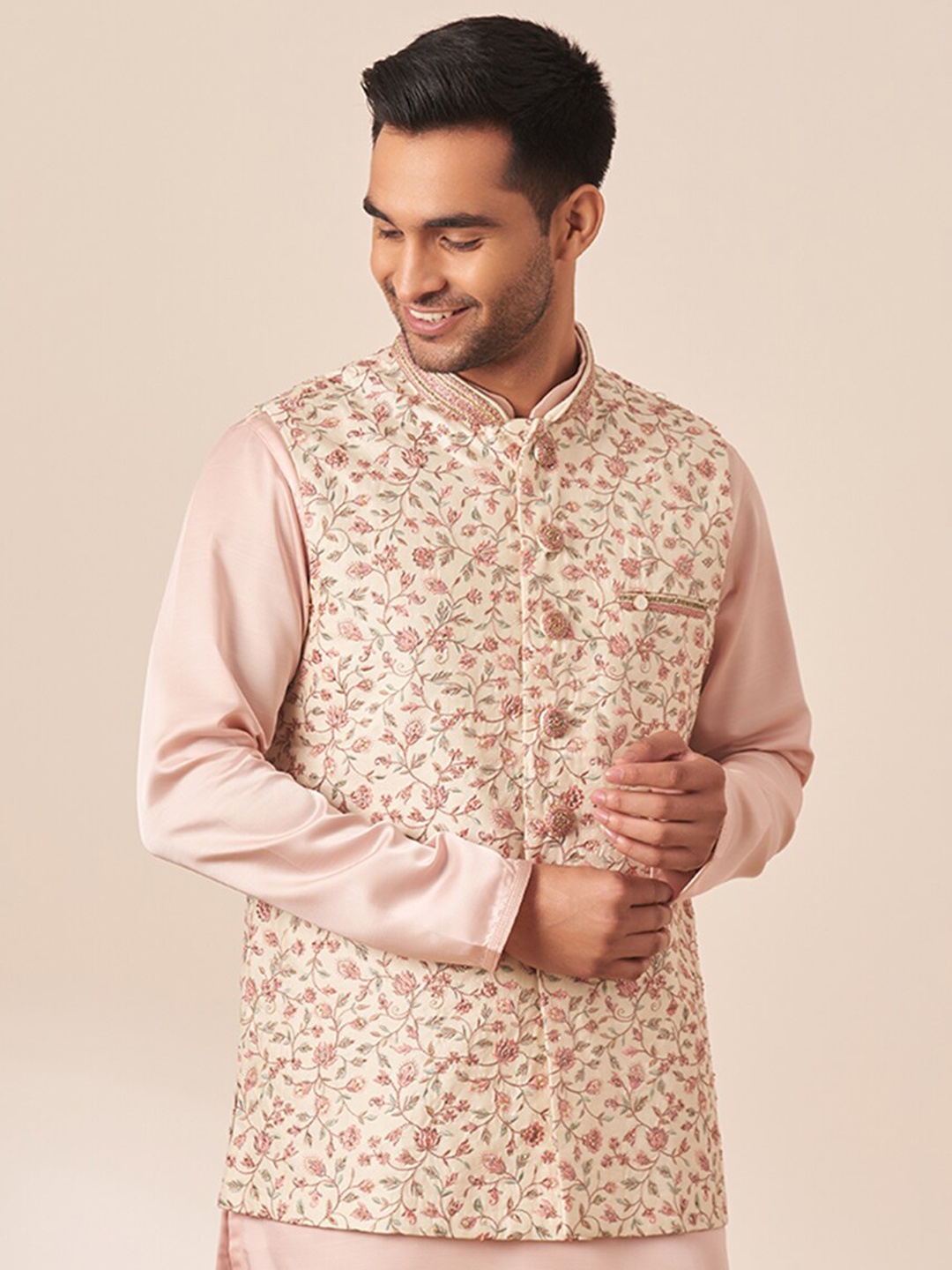 

Manyavar Men Floral Printed Nehru Jacket, Cream