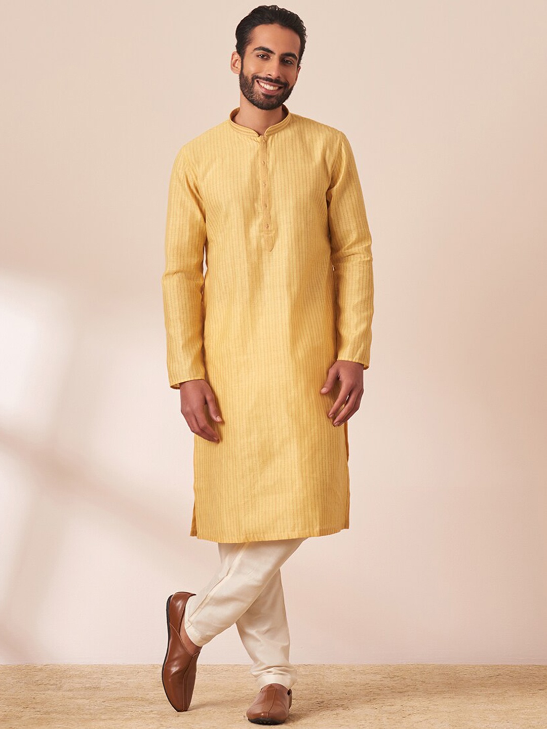 

Manyavar Men Woven Design Straight Kurta with Pyjamas, Mustard