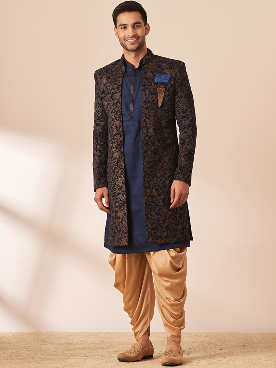 

Manyavar Woven Design Velvet Sherwani With Kurta And Dhoti Pants, Navy blue