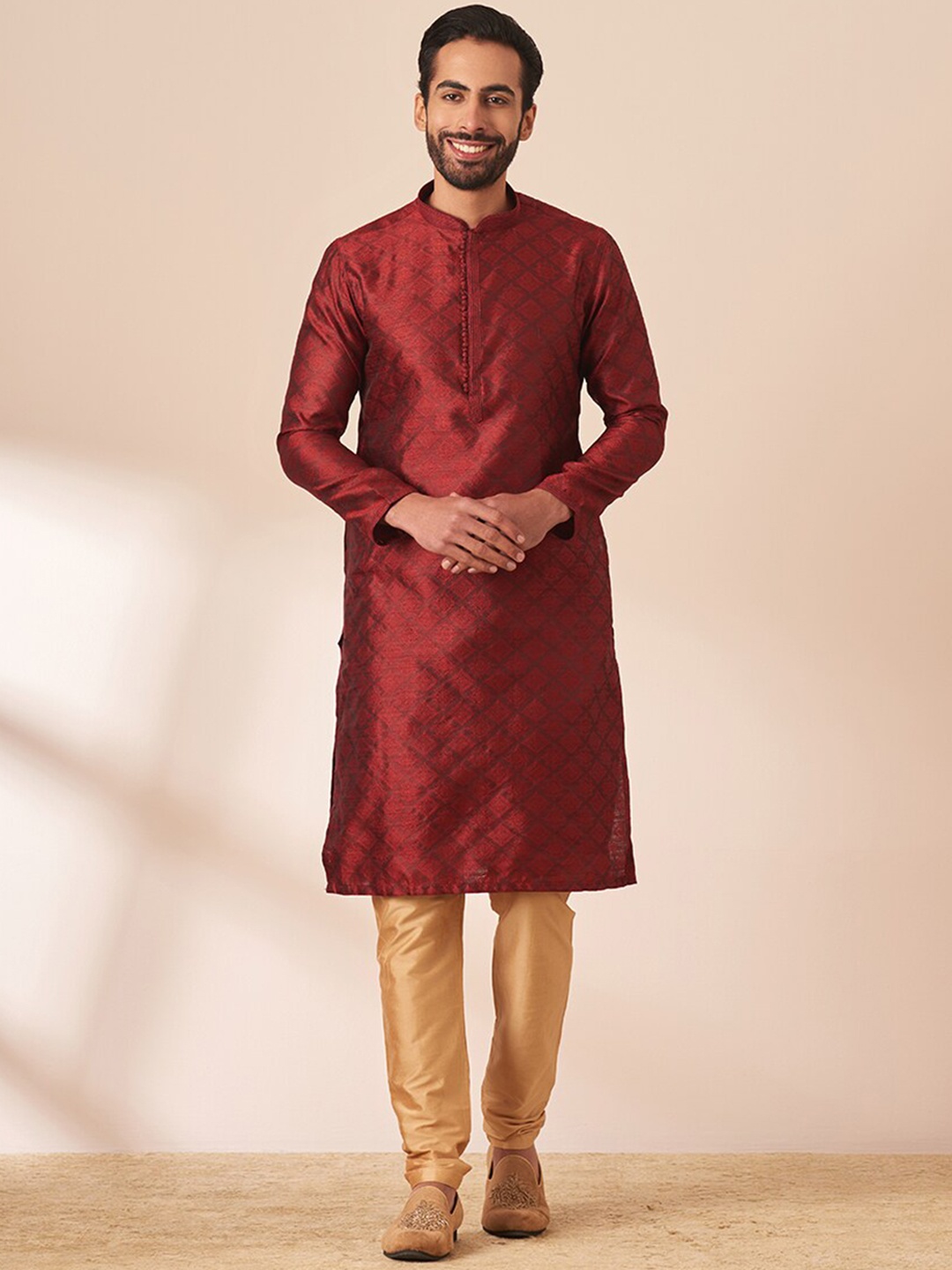 

Manyavar Men Woven Design Straight Kurta with Churidar, Maroon