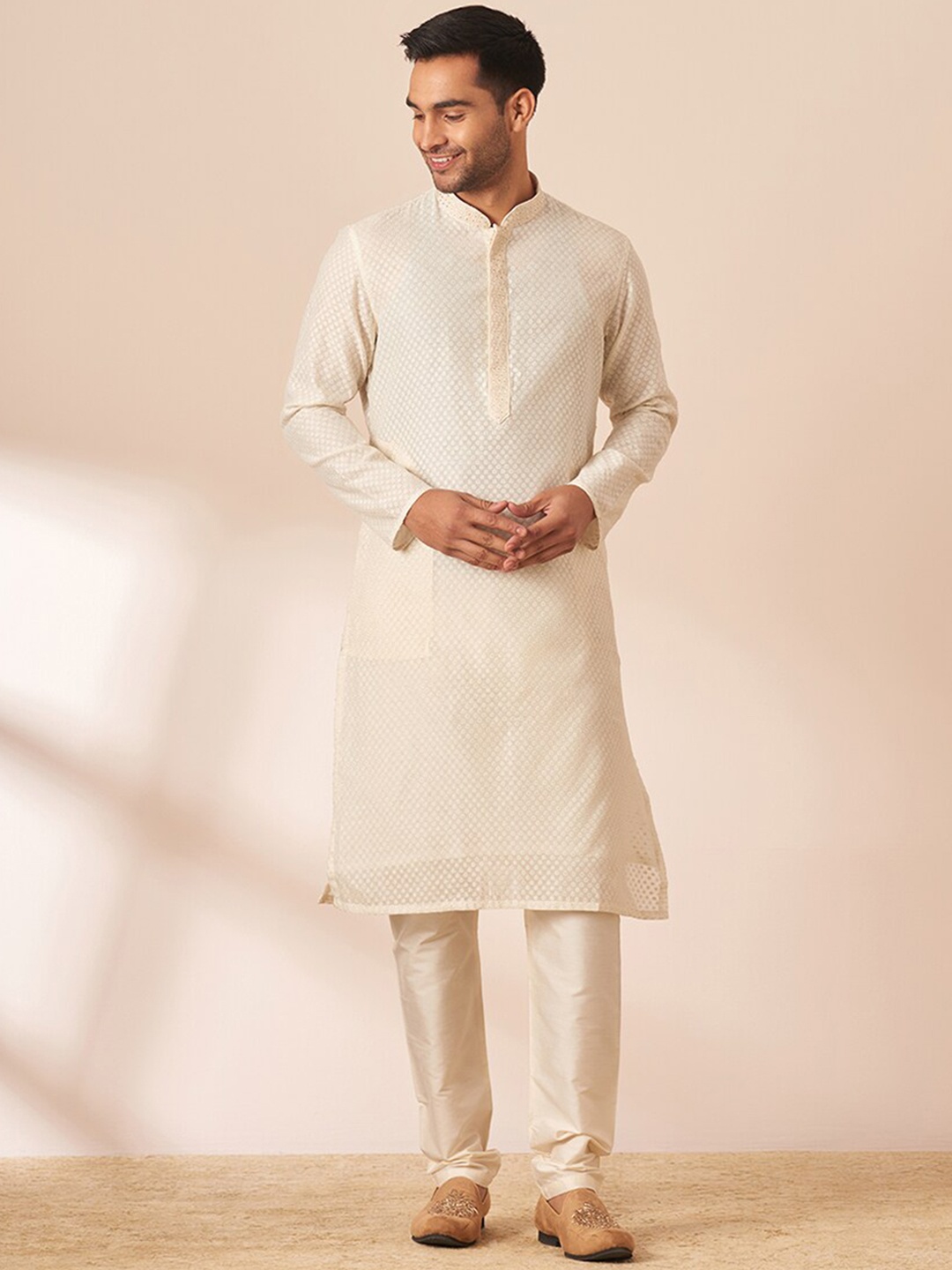 

Manyavar Men Self Design Mandarin Collar Kurta with Pyjamas, Cream