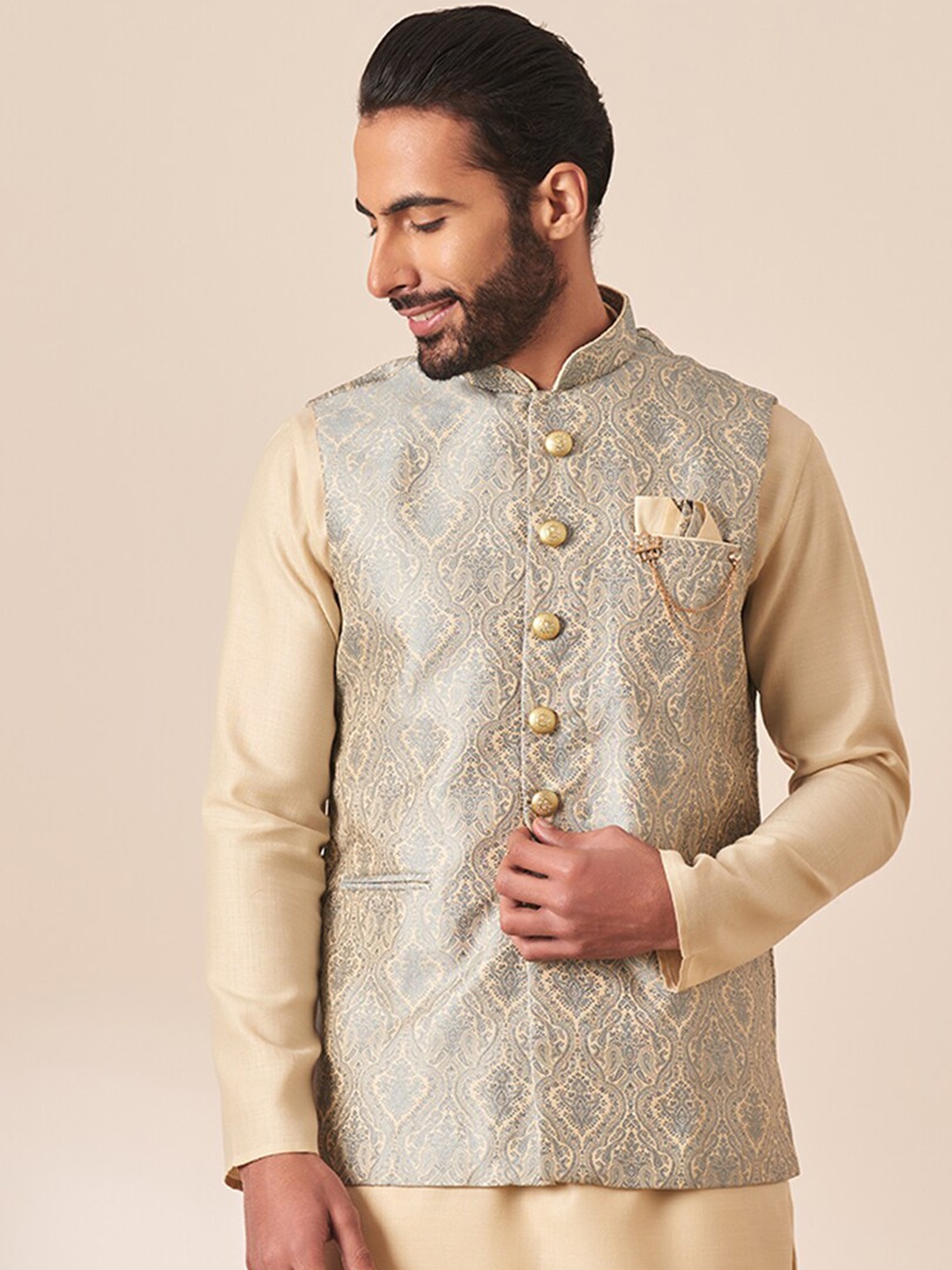 

Manyavar Men Brocade Printed Nehru Jacket, Grey