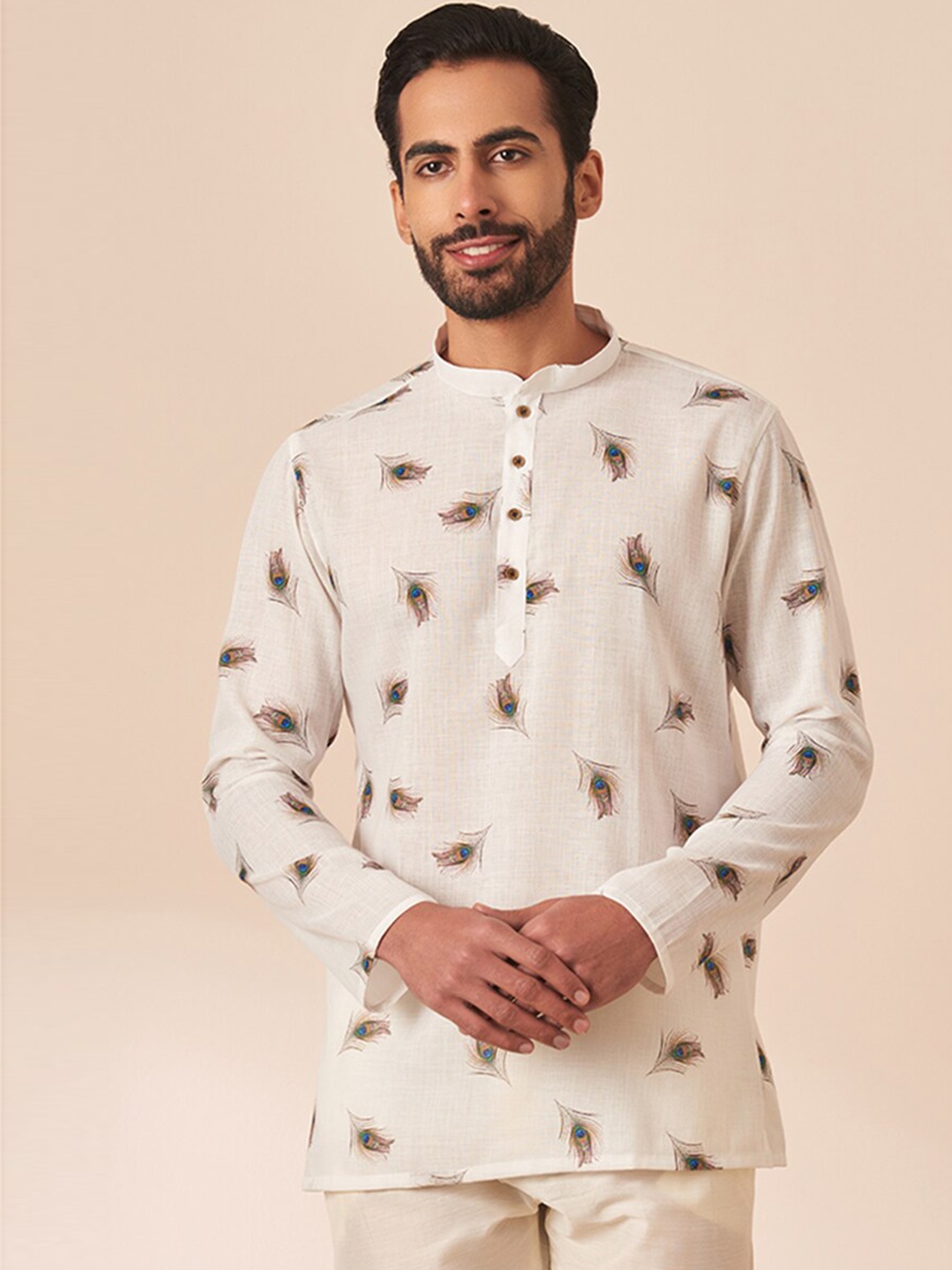 

Manyavar Men Band Collar Printed Kurta, White