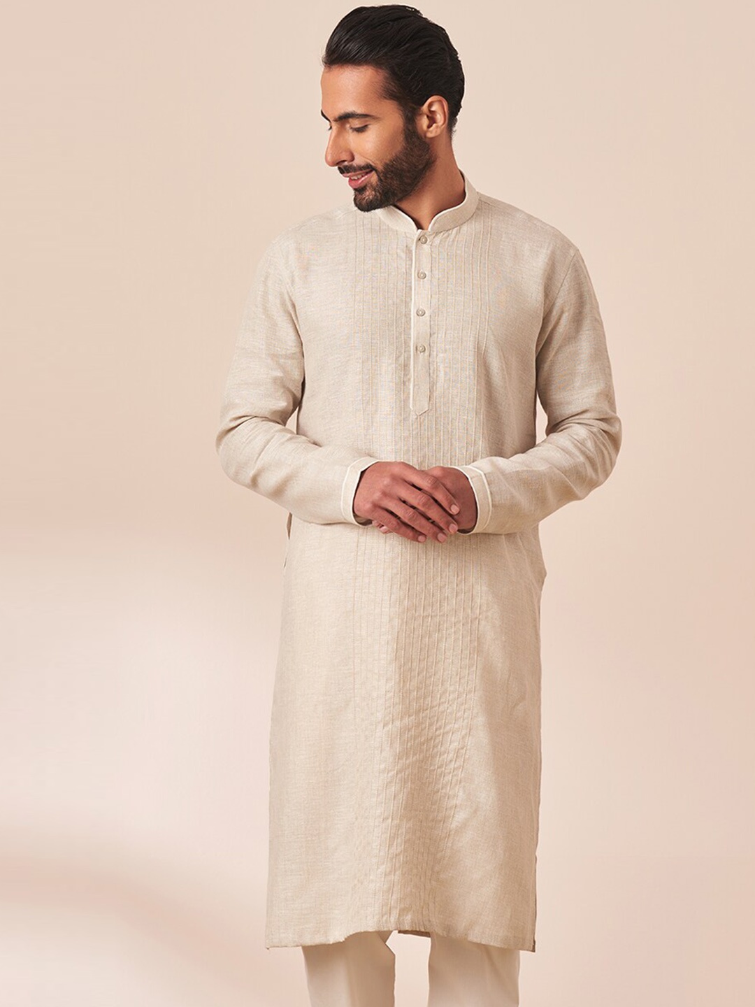 

Manyavar Men Mandarin Collar Linen Kurta, Beige