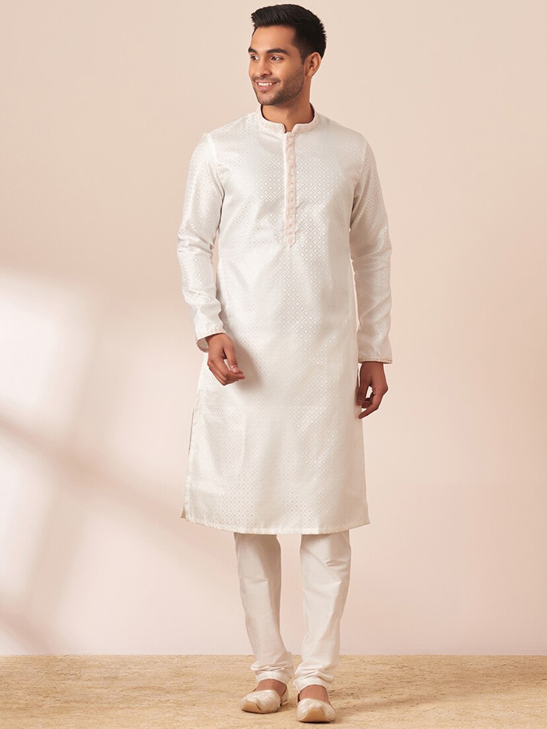 

Manyavar Men Woven Design Mandarin Collar Kurta with Pyjamas, White