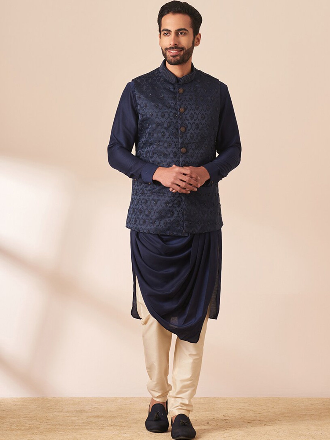 

Manyavar Men Mandarin Collar Kurta with Churidar & Embellished Nehru Jacket, Blue