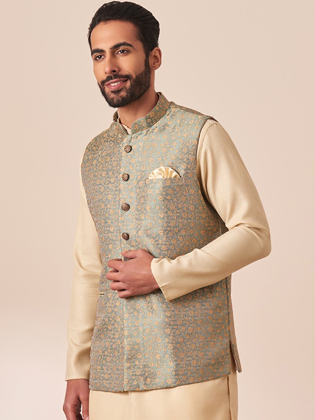 

Manyavar Men Woven Nehru Jacket, Green
