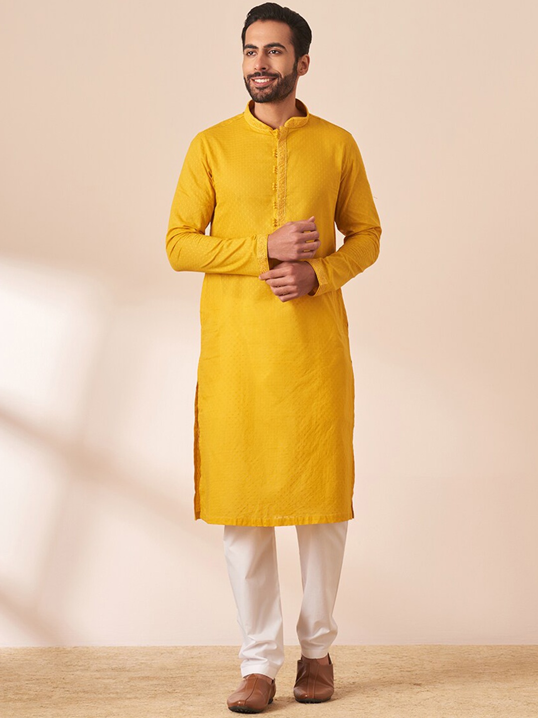 

Manyavar Men Woven Design Straight Pure Cotton Kurta with Pyjamas, Mustard