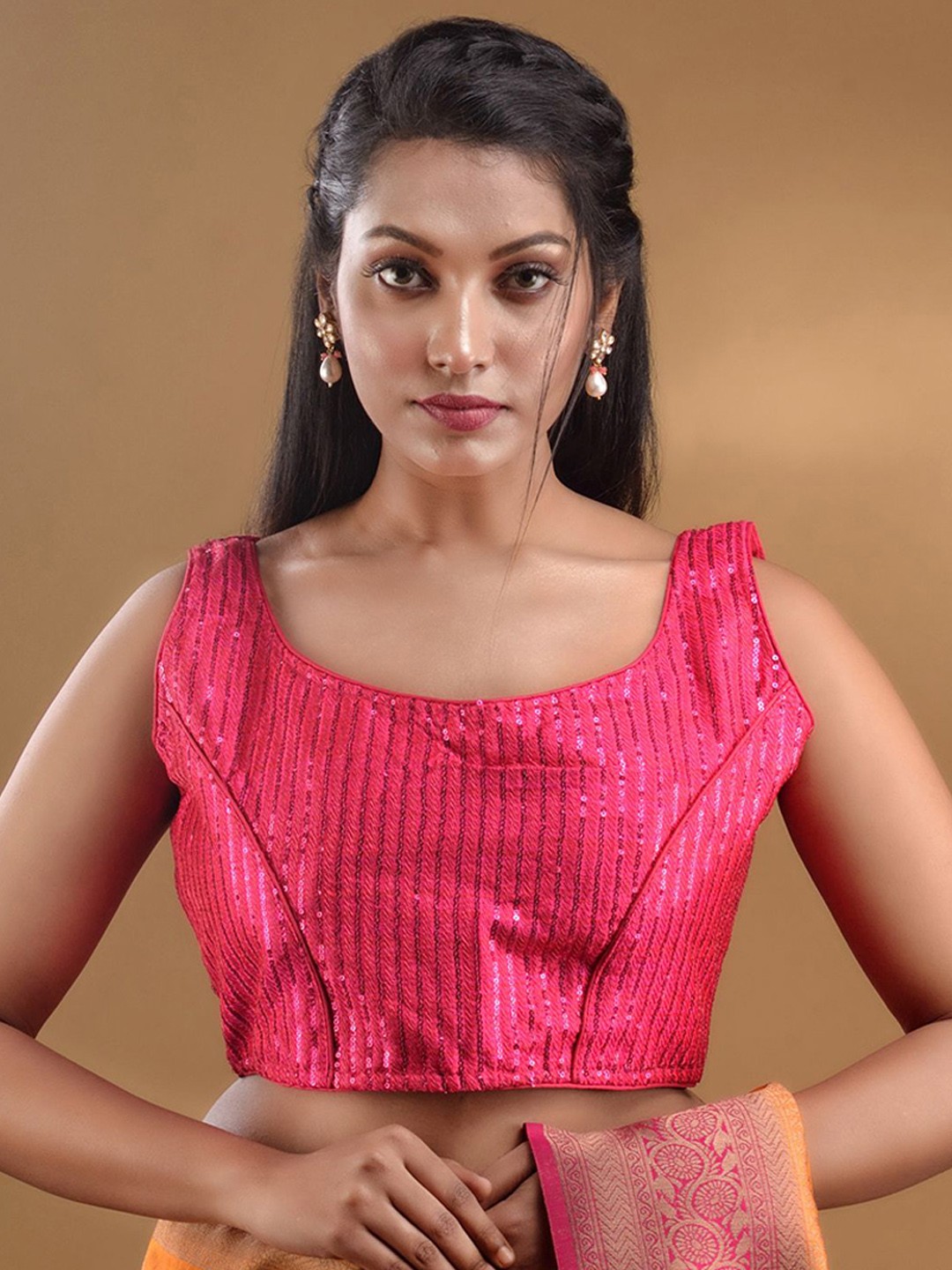 

Charukriti Embroidered Silk Sleeveless Saree Blouse, Fuchsia