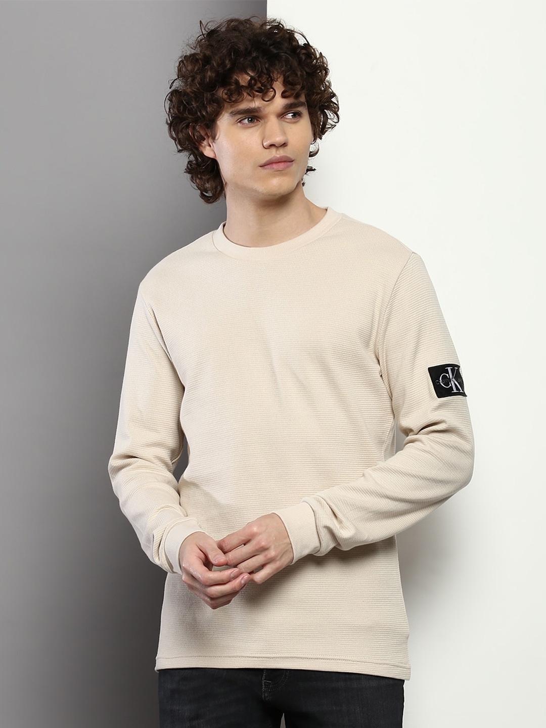 

Calvin Klein Jeans Men Round Neck Slim Fit Cotton T-shirt, Beige