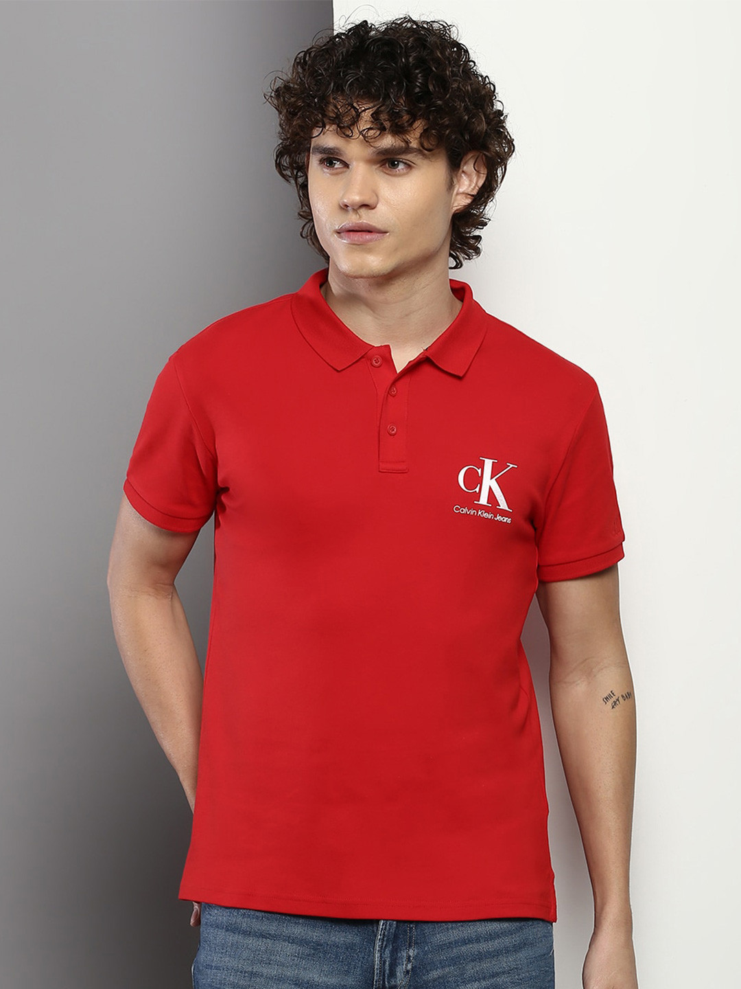 

Calvin Klein Jeans Men Polo Collar Slim Fit Cotton T-shirt, Red