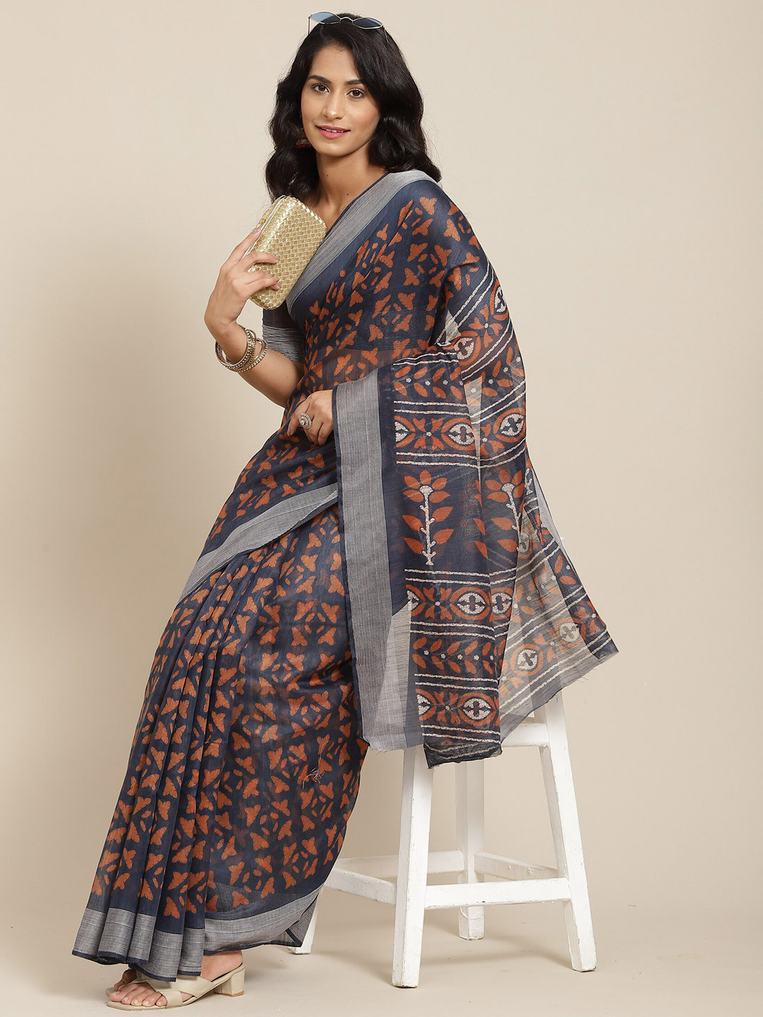 

KALINI Ethnic Motifs Linen Blend Saree, Blue