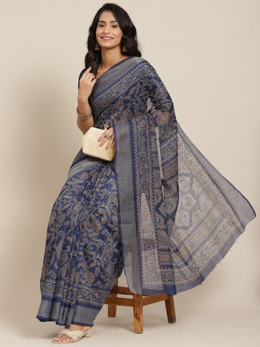 

KALINI Floral Linen Blend Saree, Navy blue