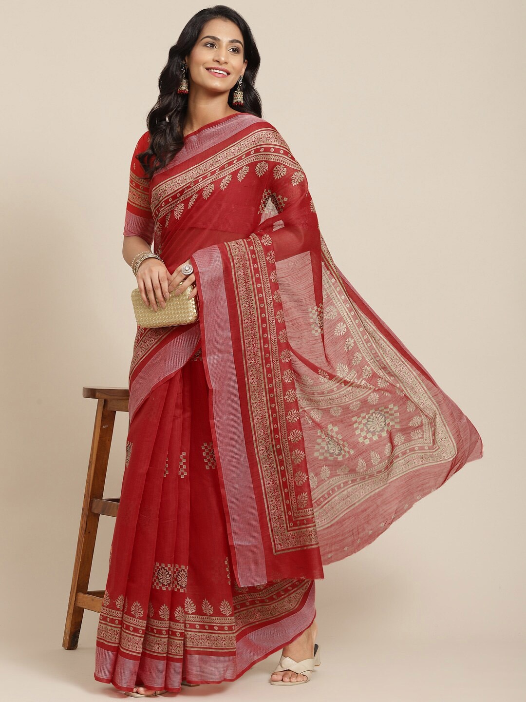 

KALINI Ethnic Motifs Linen Blend Saree, Red
