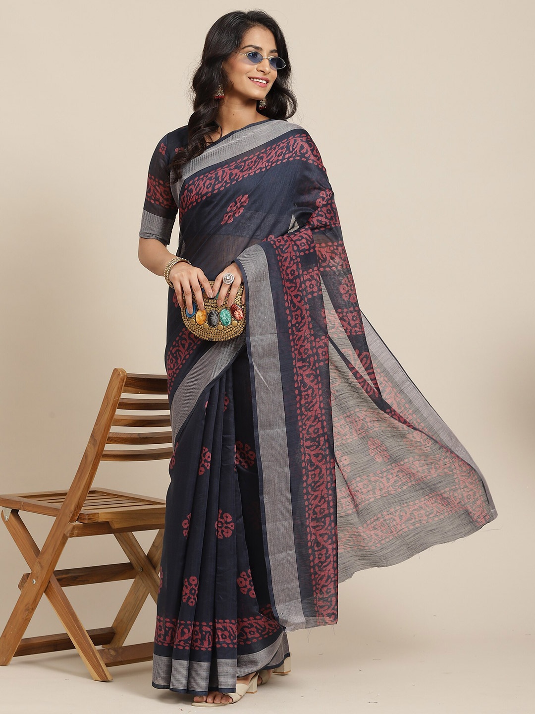 

KALINI Batik Linen Blend Saree, Black