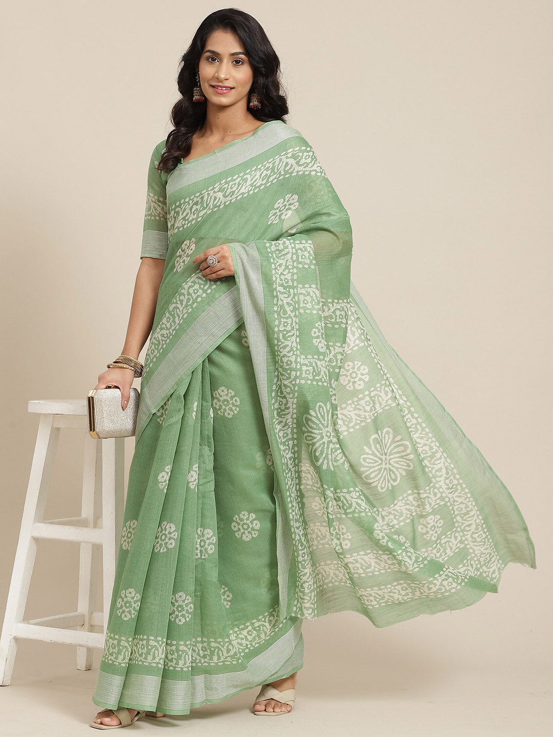 

KALINI Ethnic Motifs Linen Blend Saree, Green