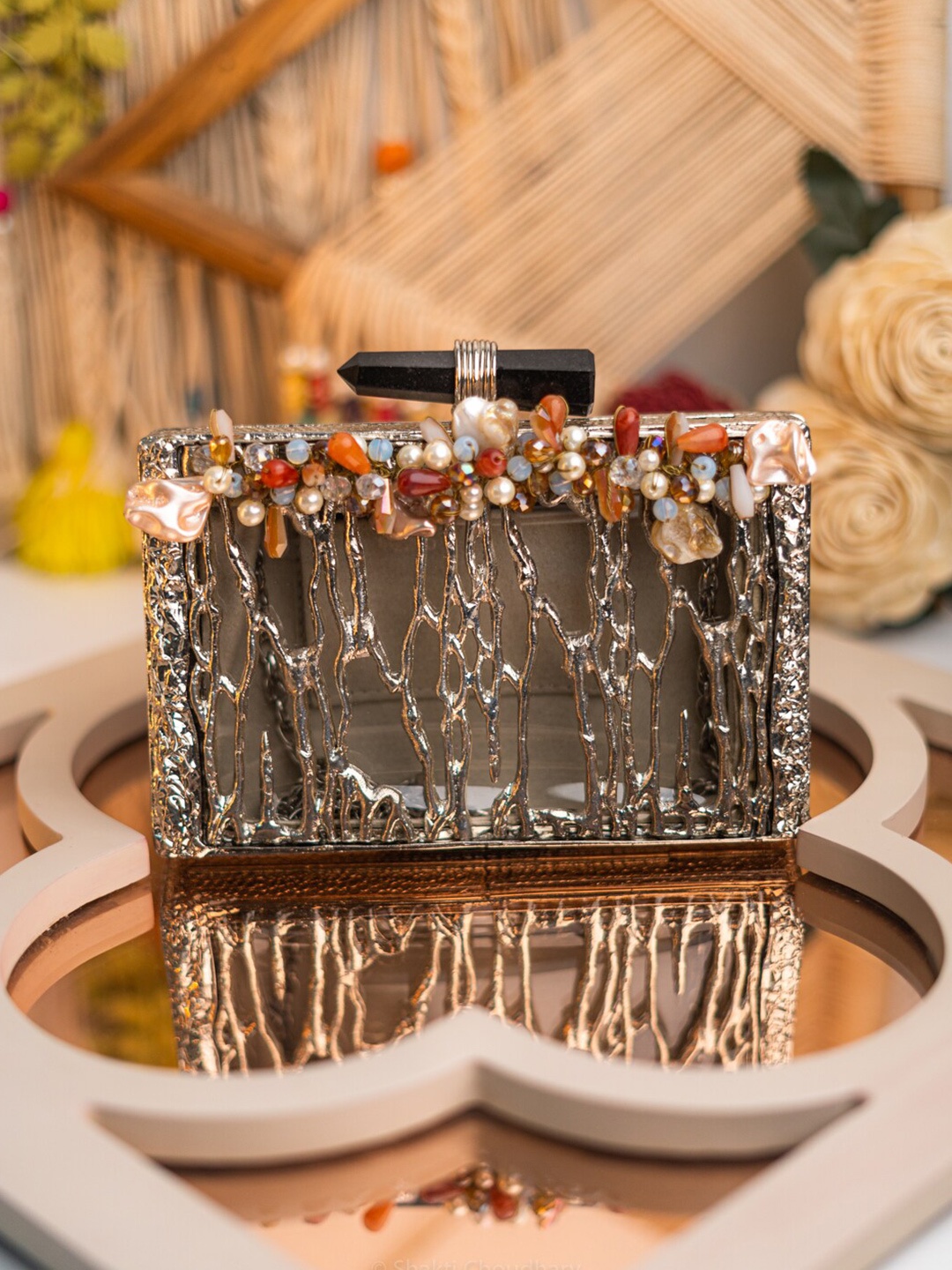 

NR By Nidhi Rathi Embellished Box Clutch, Silver