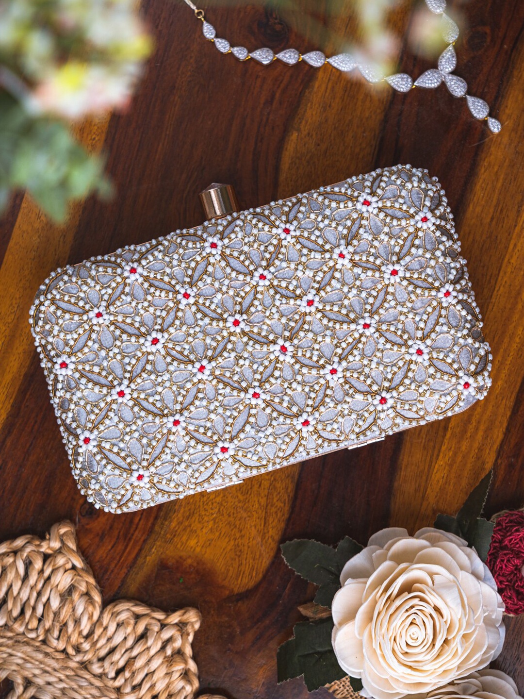 

NR By Nidhi Rathi Embroidered Box Clutch, Silver