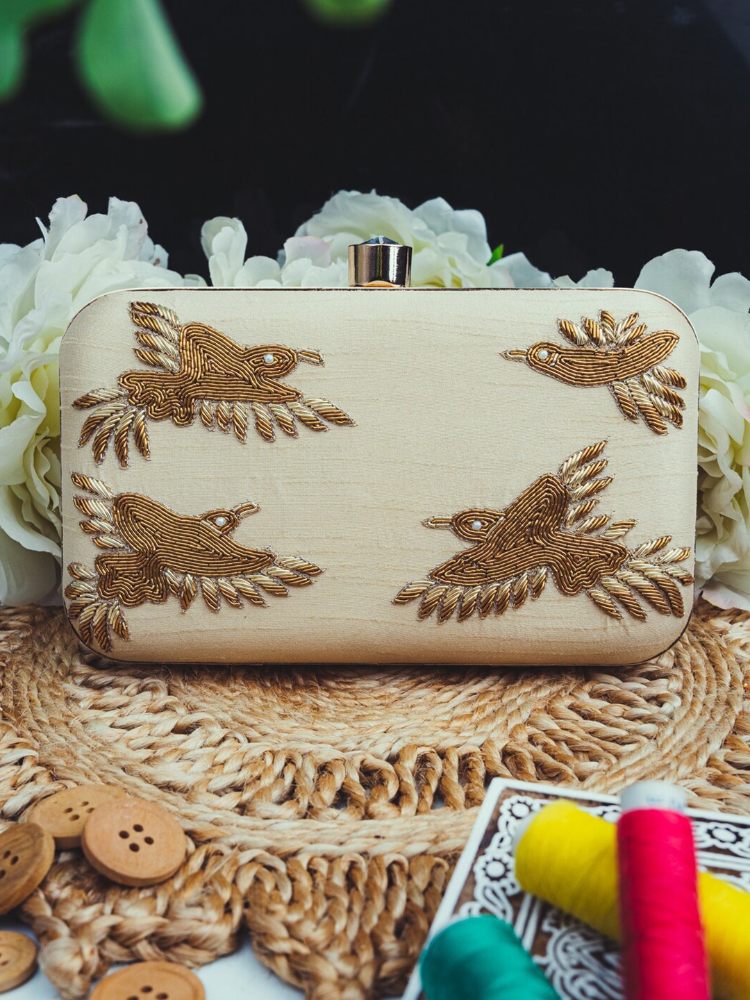 

NR By Nidhi Rathi Embroidered Box Clutch, Beige