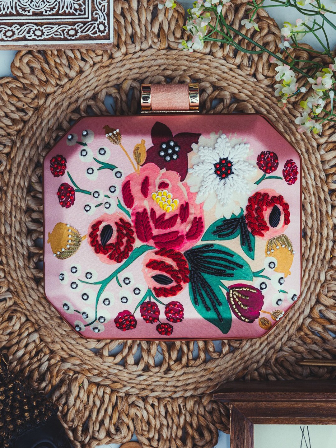 

NR By Nidhi Rathi Floral Embroidered Box Clutch, Peach