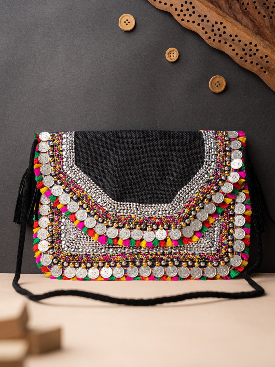 

NR By Nidhi Rathi Embellished Foldover Clutch, Black