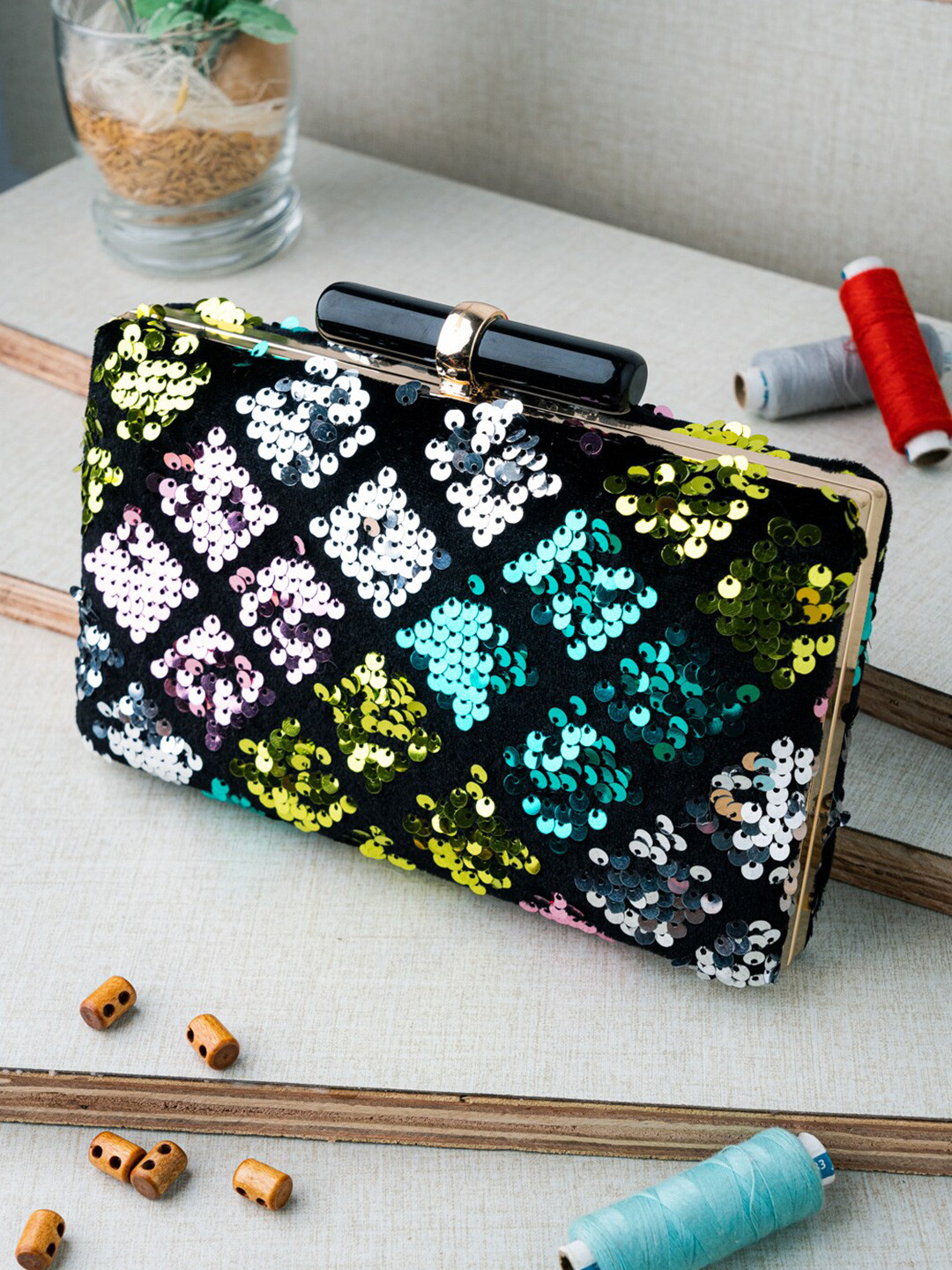 

NR By Nidhi Rathi Embellished Box Clutch, Black