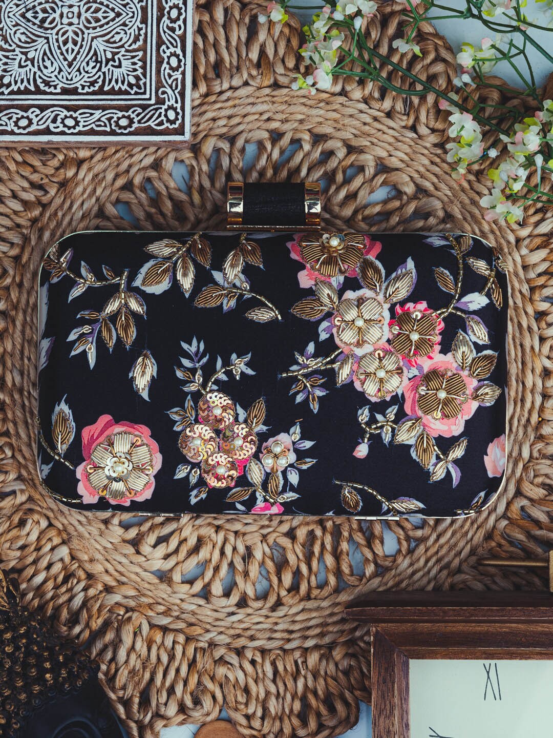 

NR By Nidhi Rathi Floral Embroidered Box Clutch, Black