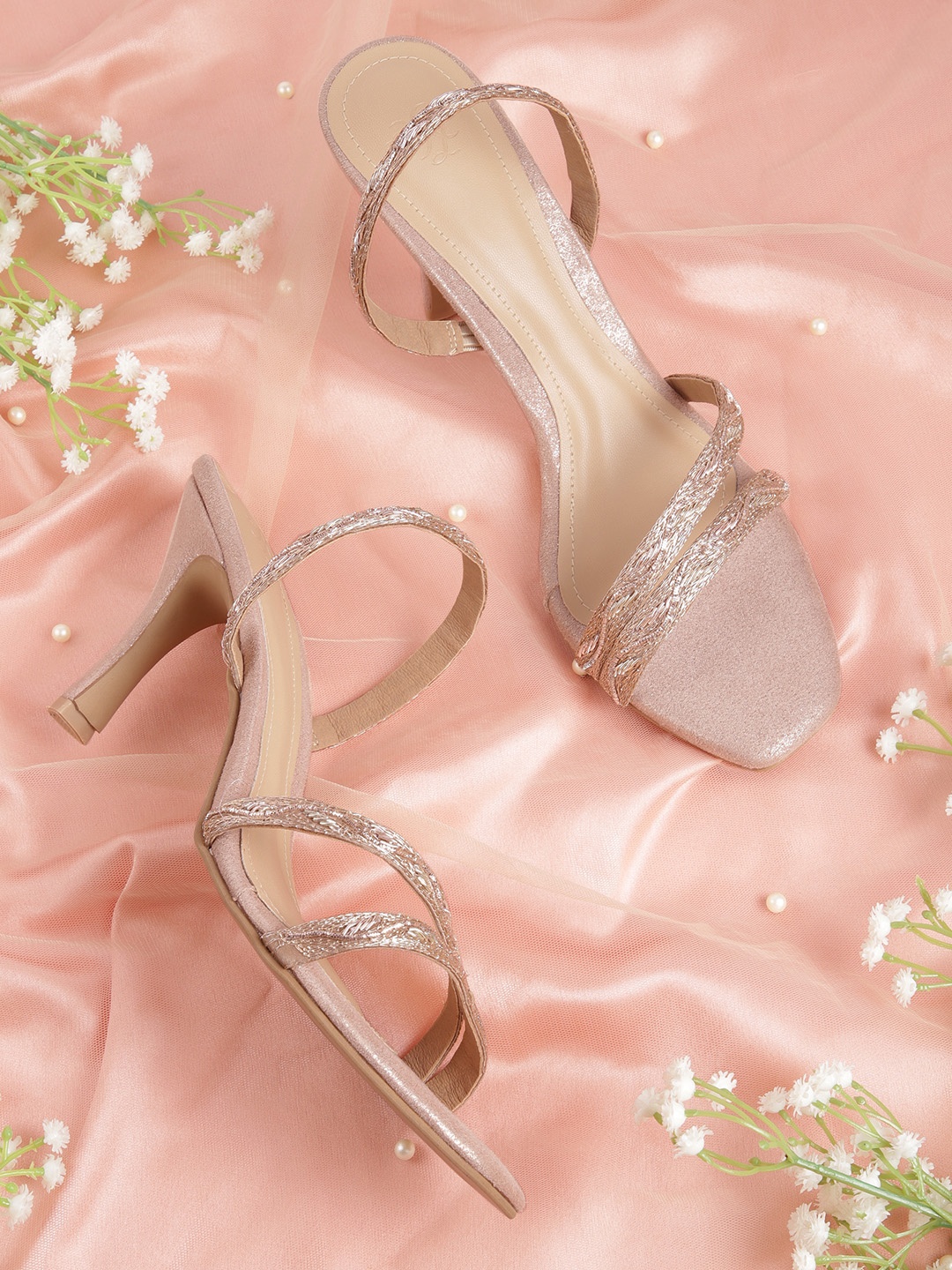 

House of Pataudi Women Embellished Party Slim heel Sandals, Rose gold