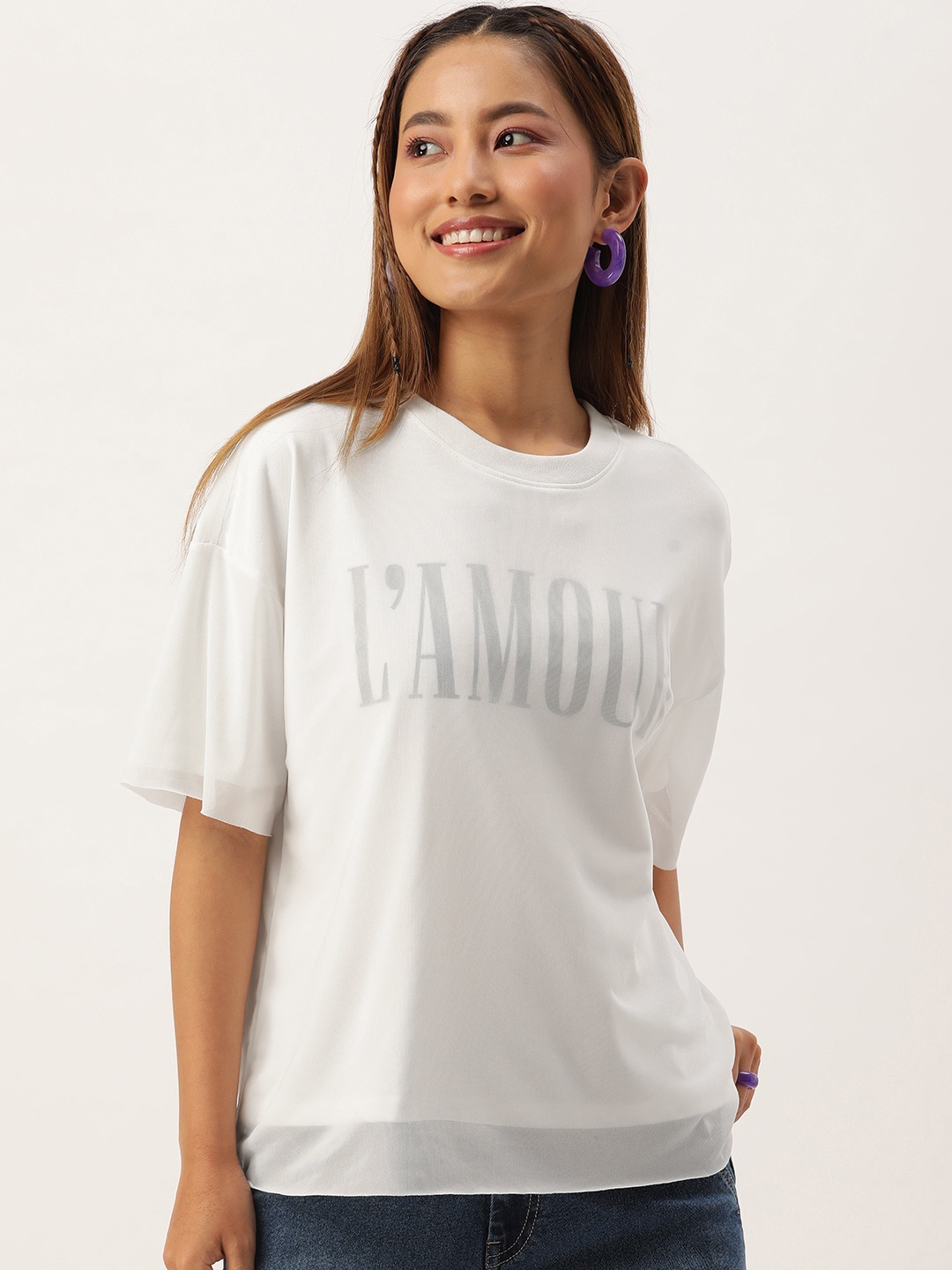 

FOREVER 21 Typography Printed Drop-Shoulder Sleeves Net Layered T-shirt, White