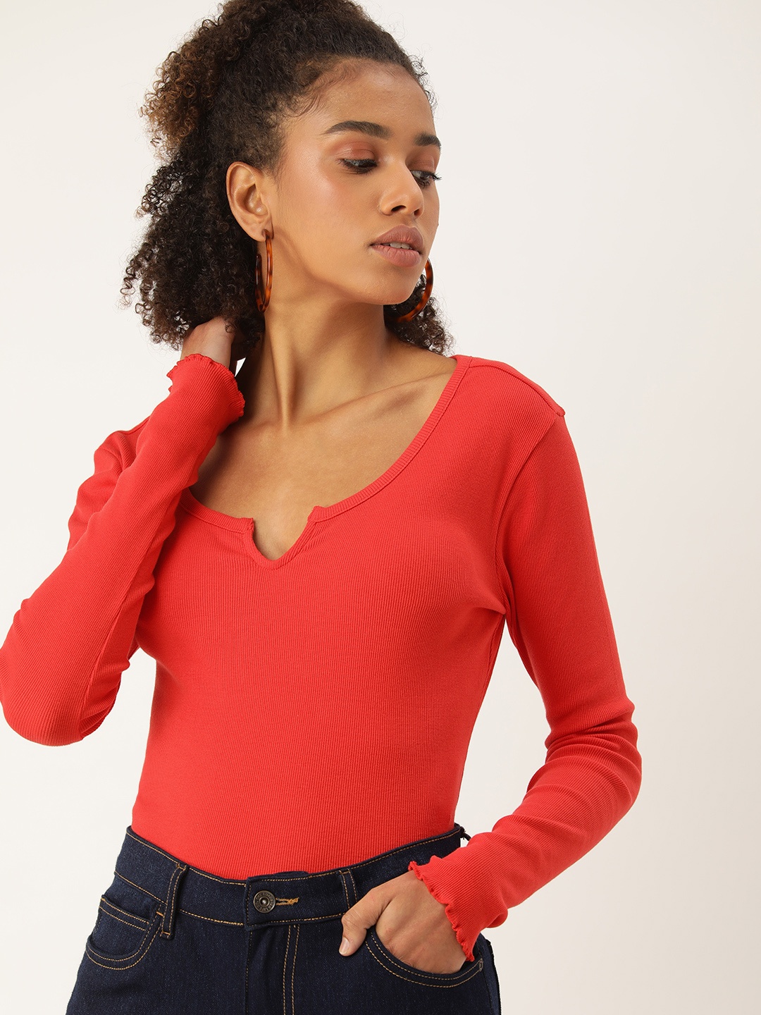 

FOREVER 21 Scoop Neck Long Sleeves Self-Design Ribbed Top, Red