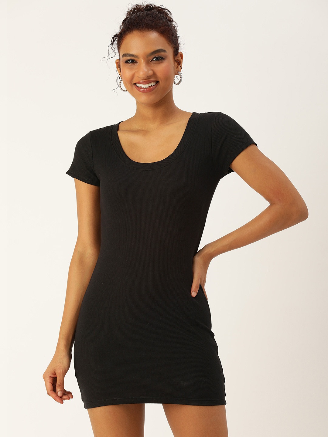 

FOREVER 21 Solid Round Neck Ribbed Sheath Mini Dress, Black