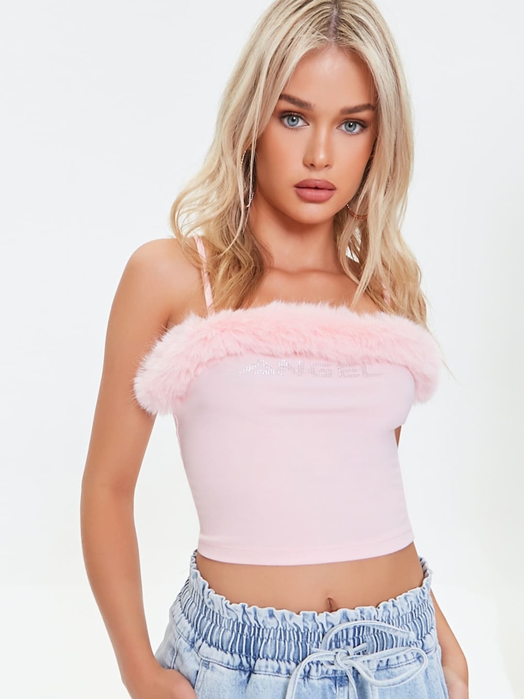 

FOREVER 21 Solid Fitted Crop Top With Faux Fur, Pink