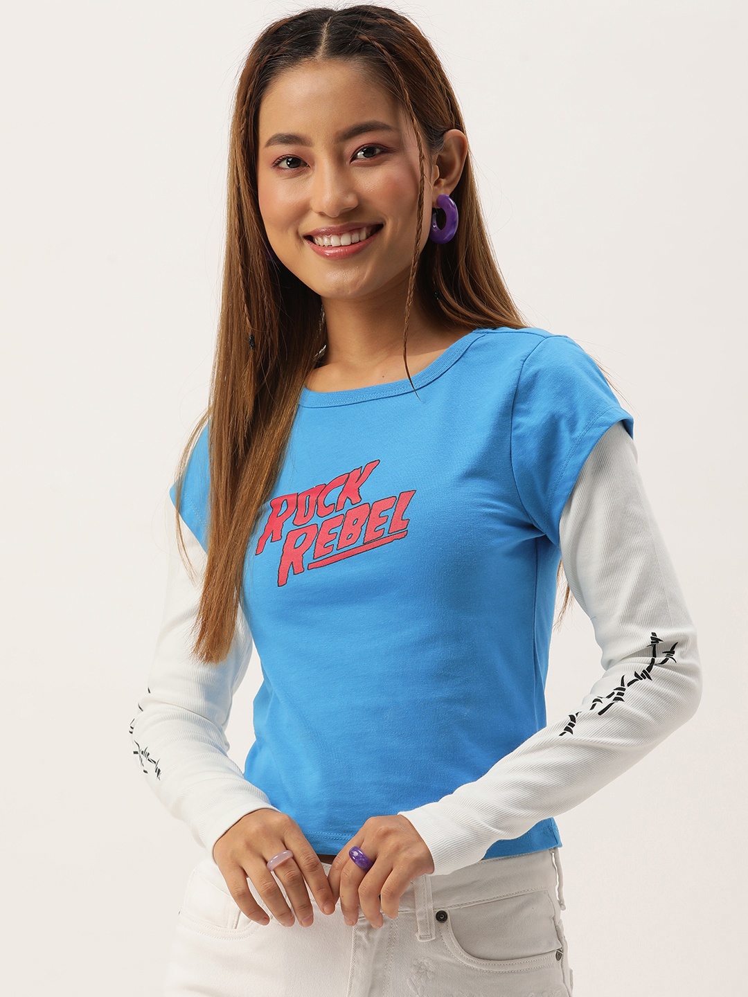 

FOREVER 21 Typography Printed Layered Sleeves T-shirt, Blue