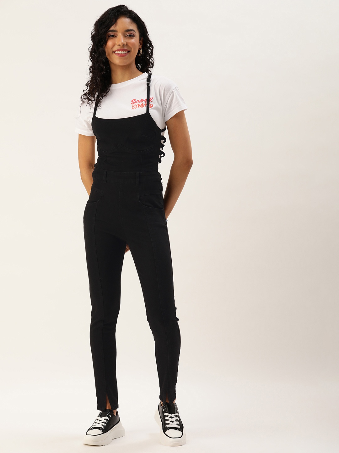 

FOREVER 21 Solid Shoulder Straps Back Tie-Ups Jumpsuit, Black