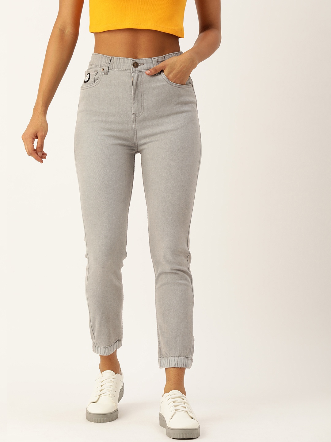 

FOREVER 21 Women Mid-Rise Jogger No Fade Stretchable Jeans, Grey