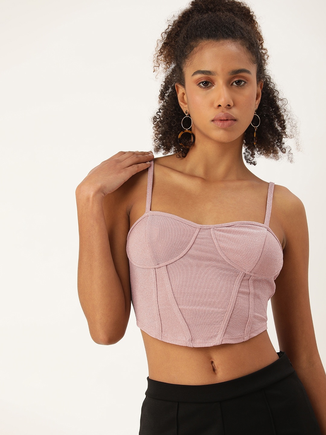 

FOREVER 21 Shoulder Straps Self-Design Shimmer Crop Top, Pink