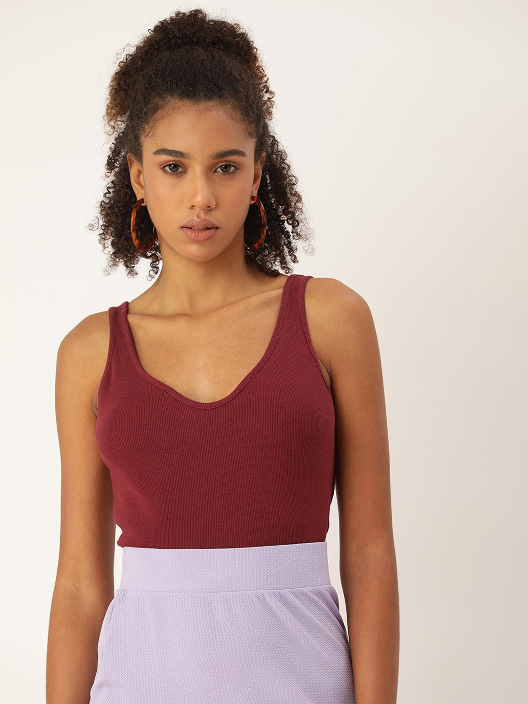 

FOREVER 21 Scoop Neck Self-Design Ribbed Tank Top, Burgundy