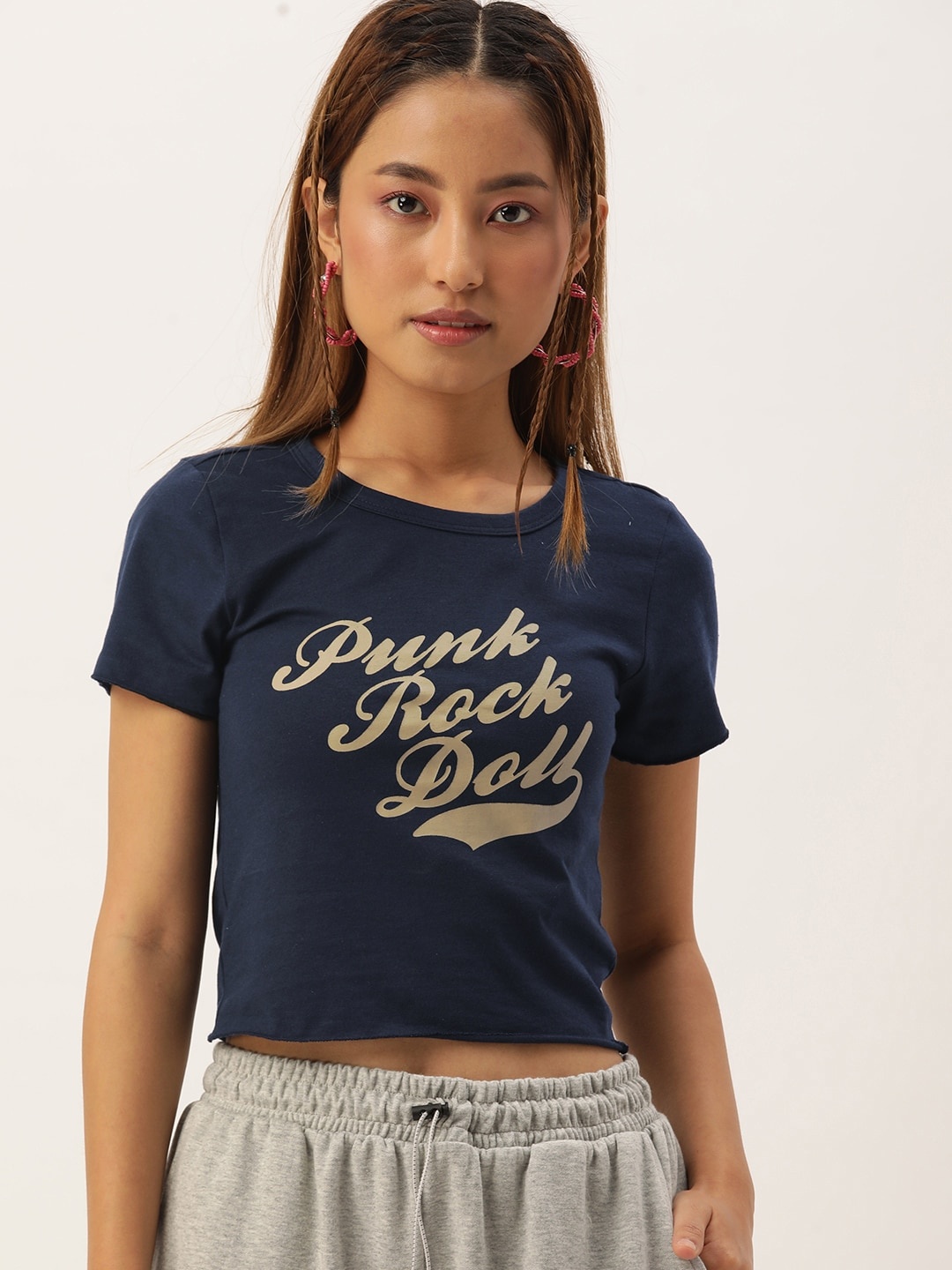 

FOREVER 21 Typography Printed Crop T-shirt, Navy blue