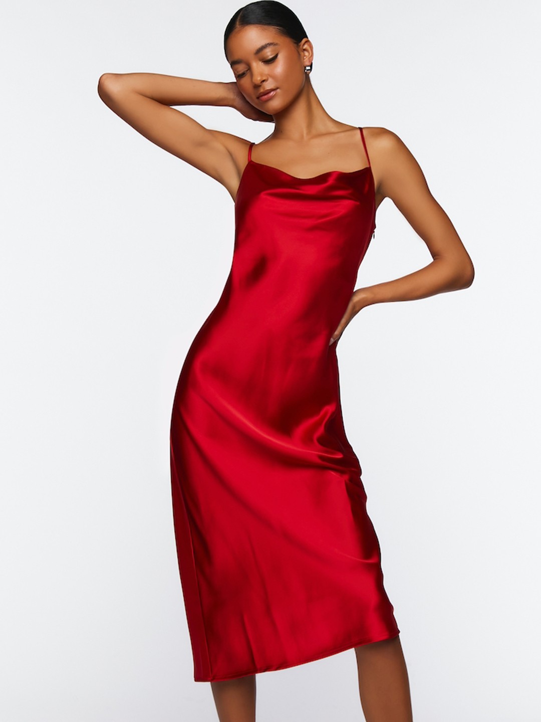 

FOREVER 21 Solid Shoulder Straps Satin Sheath Midi Dress, Red